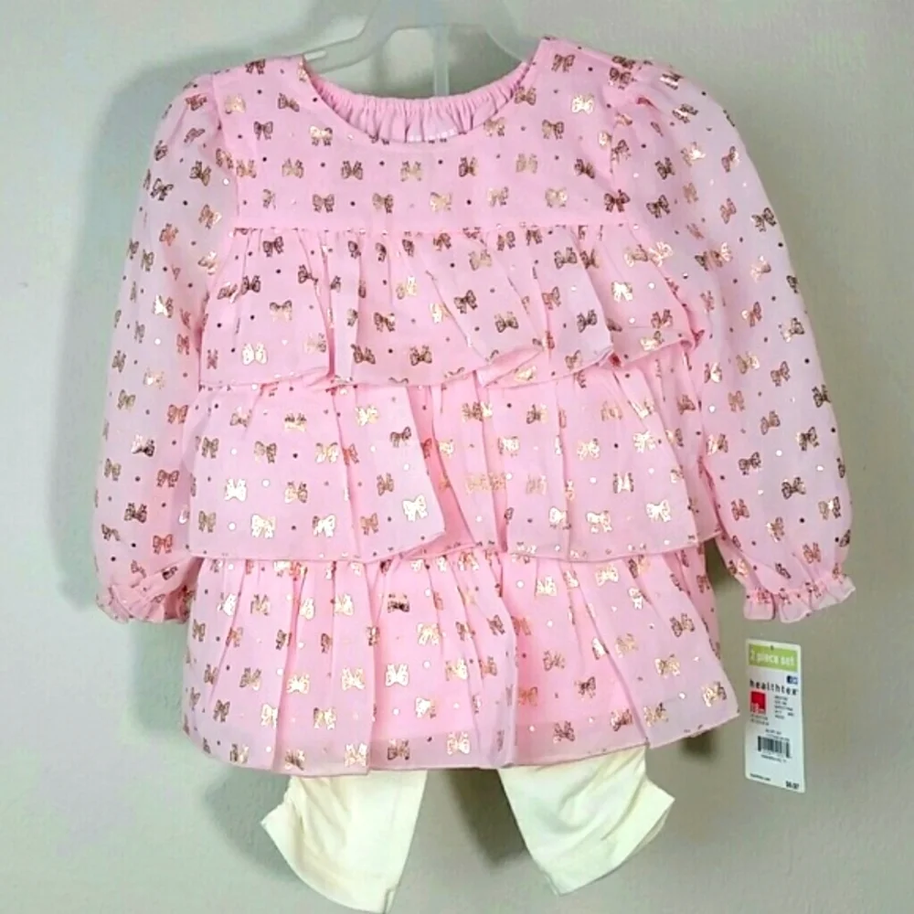 Matching set ruffled pink gold top long sleeve ivory pant NEW 18 mos